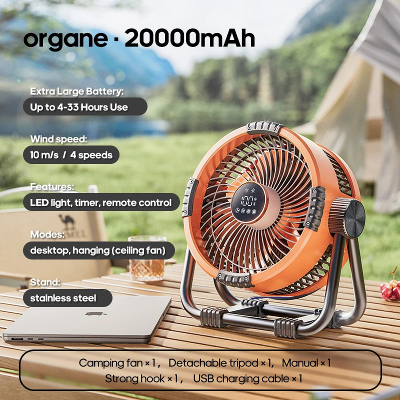 Rechargeable Camping Fan with LED Light & Power Bank