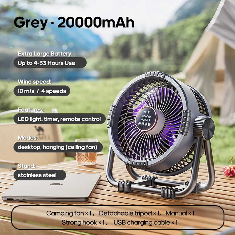 Rechargeable Camping Fan with LED Light & Power Bank